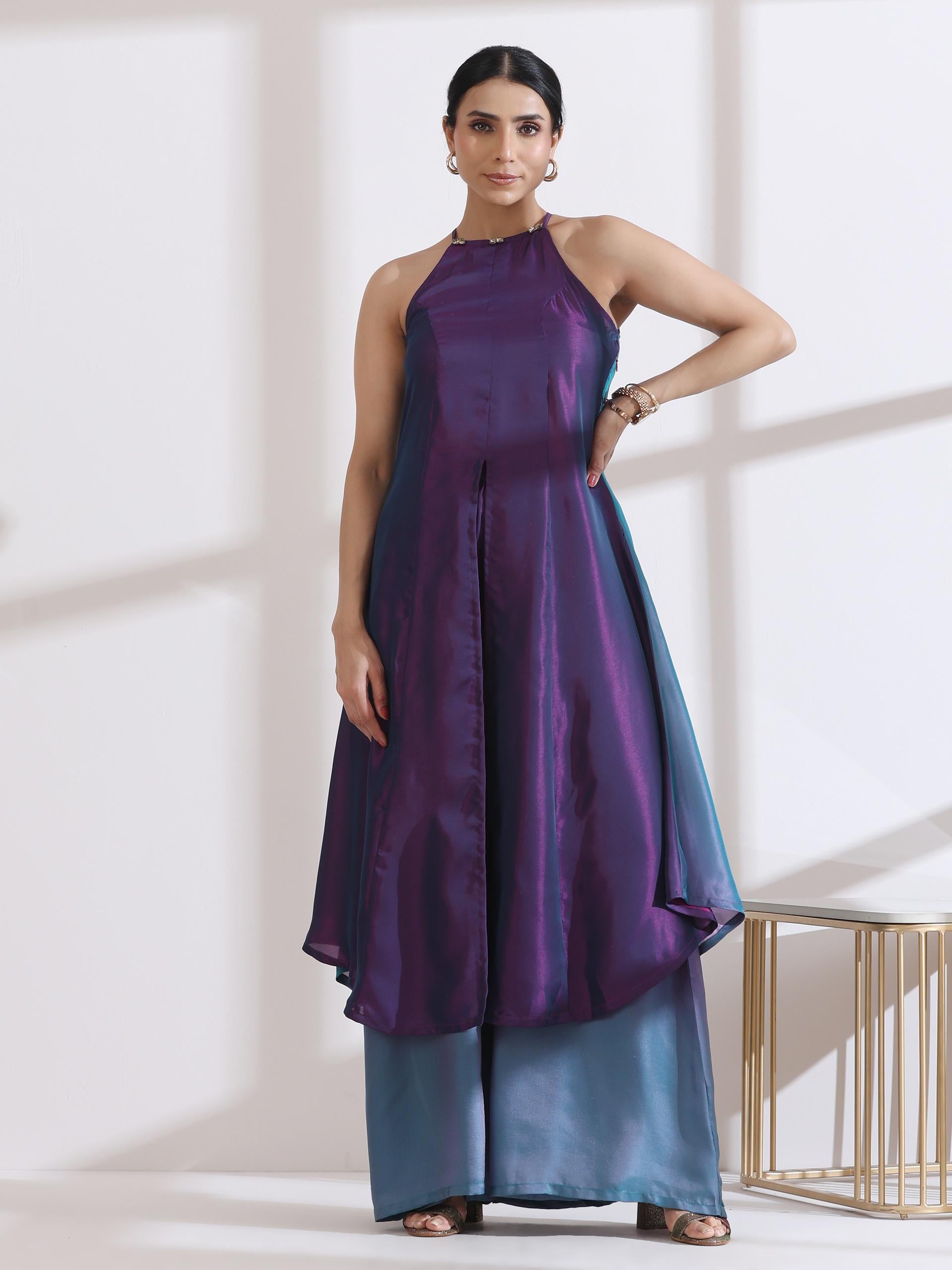 Women's Rarity Chiffon Satin Ombre Halter Kurta with Beads and Palazzo Pants 2 Piece Set | Straight Fit, Halter Neck, Sleeveless, Partywear, (Chiffon Satin)