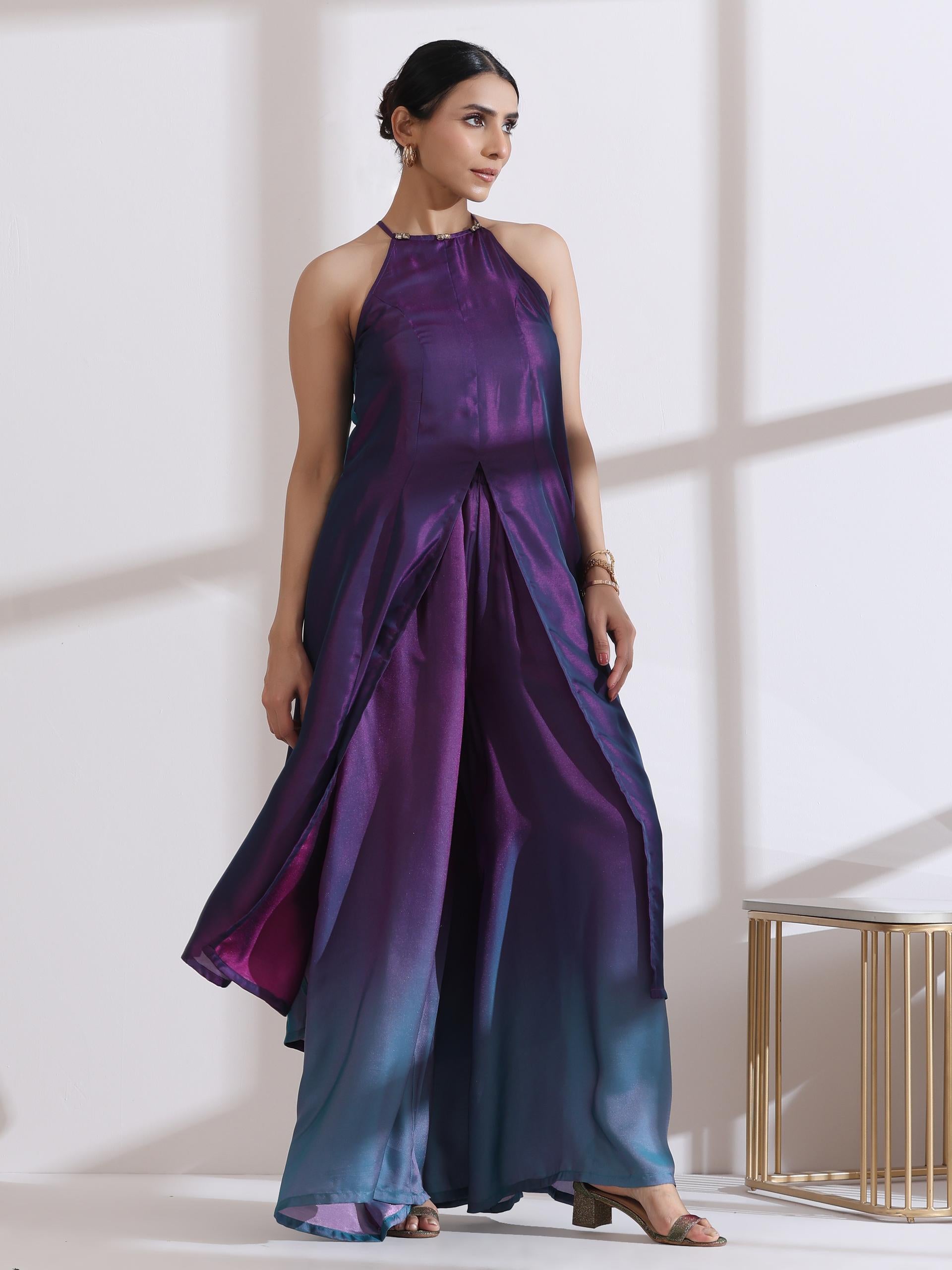 Women's Rarity Chiffon Satin Ombre Halter Kurta with Beads and Palazzo Pants 2 Piece Set | Straight Fit, Halter Neck, Sleeveless, Partywear, (Chiffon Satin)