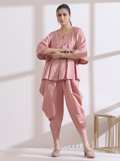 Women's Pleated Pink Peplum Top with Beads and Dhoti Pants 2 Piece Set | Peplum, Round Neck, 3/4 Sleeves, Festive Wear, Partywear (Lux Fabric)