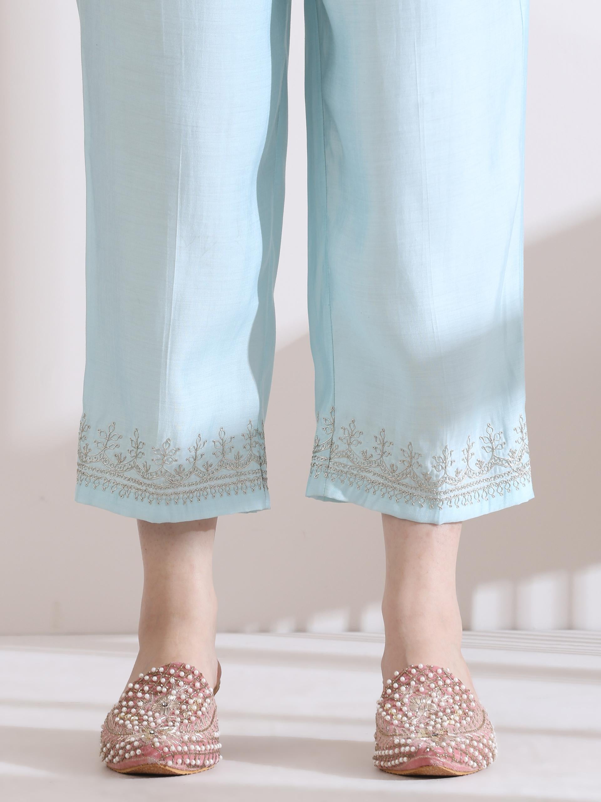 Women's Light Blue Kurta with Embroidery on Top and Pants 2 Piece Set | A-Line, Round Neck, 3/4 Sleeves, Work Wear, Casual (AirSkin Cotton Silk Blend)