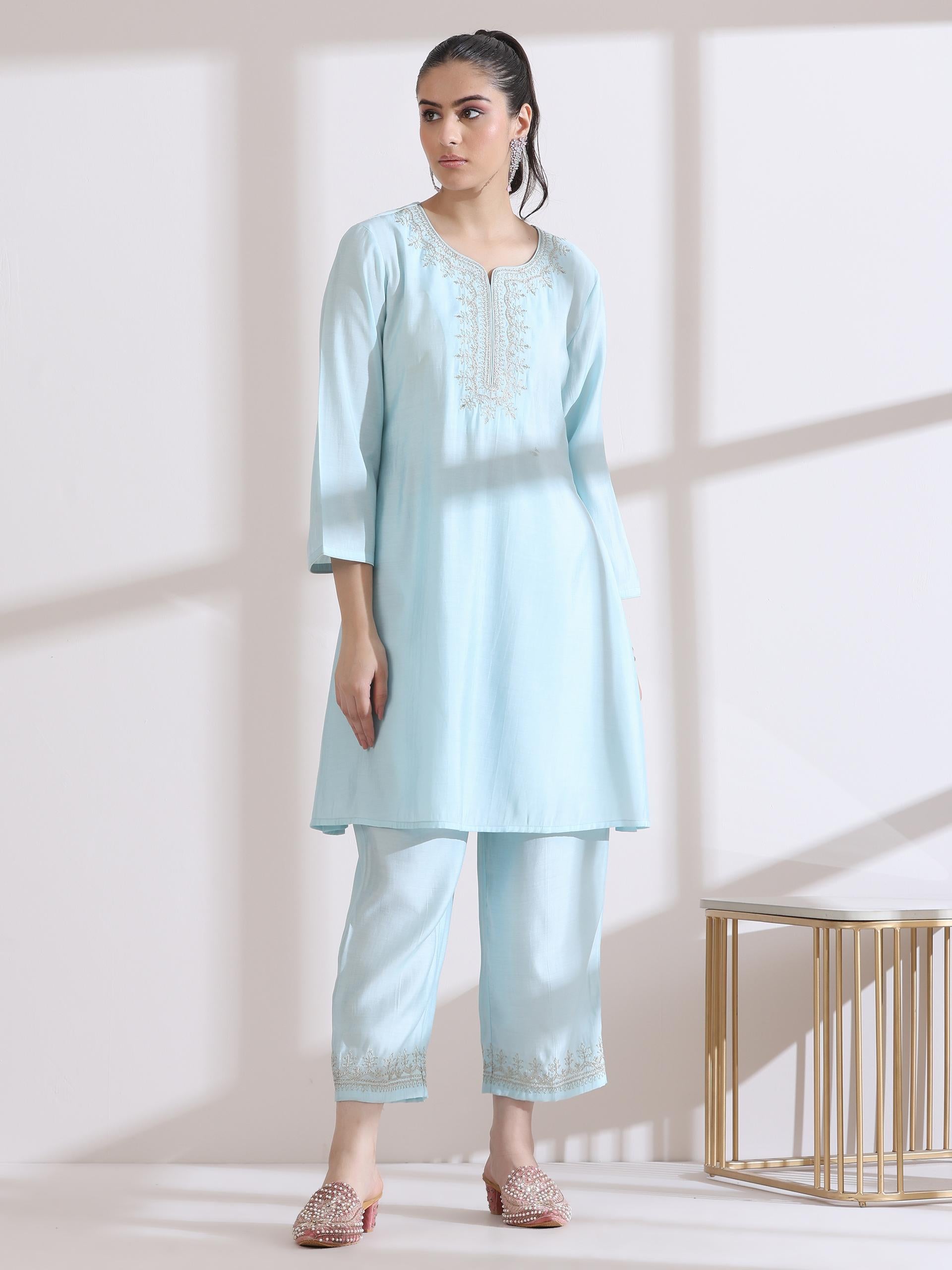 Women's Light Blue Kurta with Embroidery on Top and Pants 2 Piece Set | A-Line, Round Neck, 3/4 Sleeves, Work Wear, Casual (AirSkin Cotton Silk Blend)