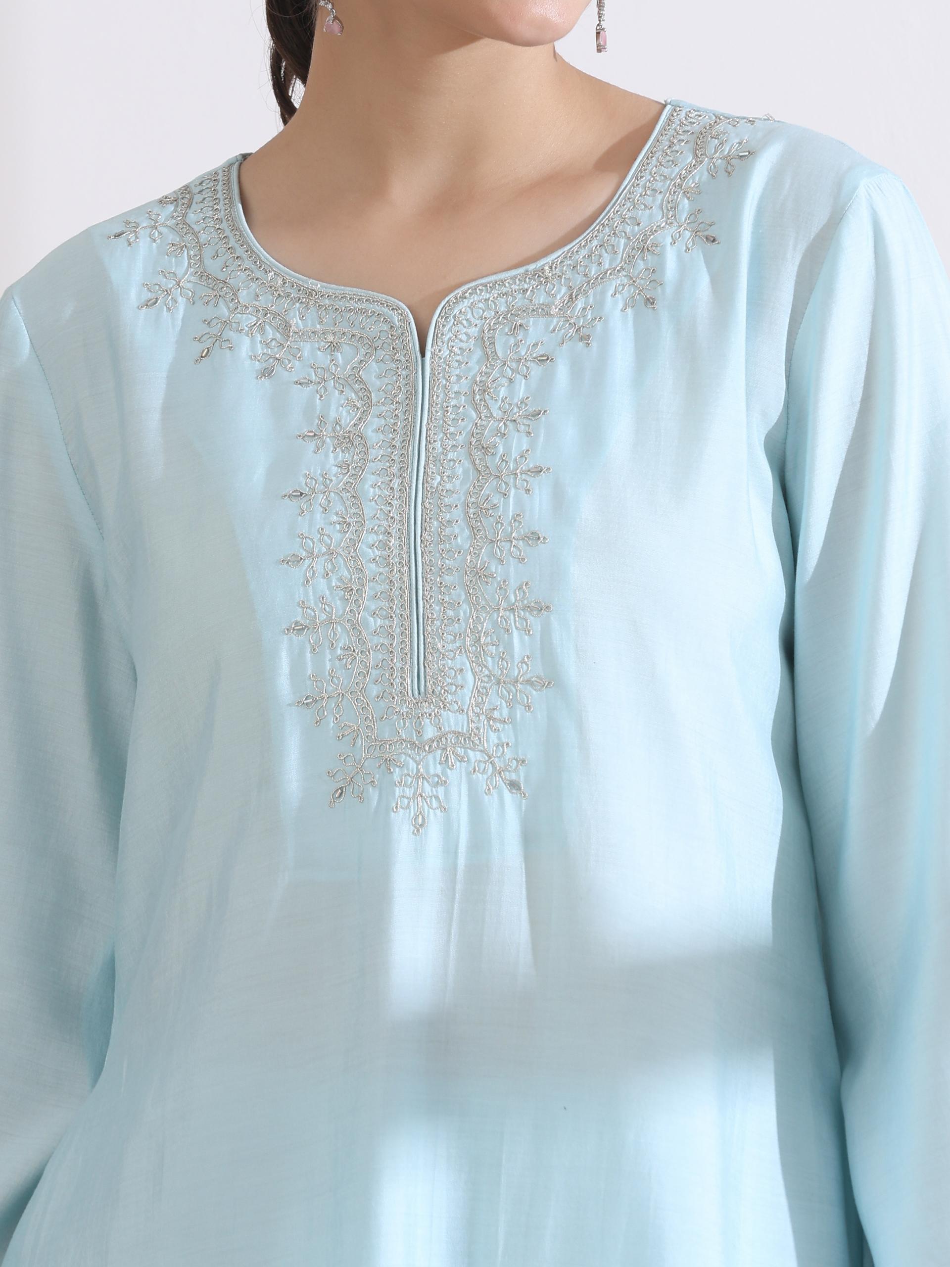 Women's Light Blue Kurta with Embroidery on Top and Pants 2 Piece Set | A-Line, Round Neck, 3/4 Sleeves, Work Wear, Casual (AirSkin Cotton Silk Blend)
