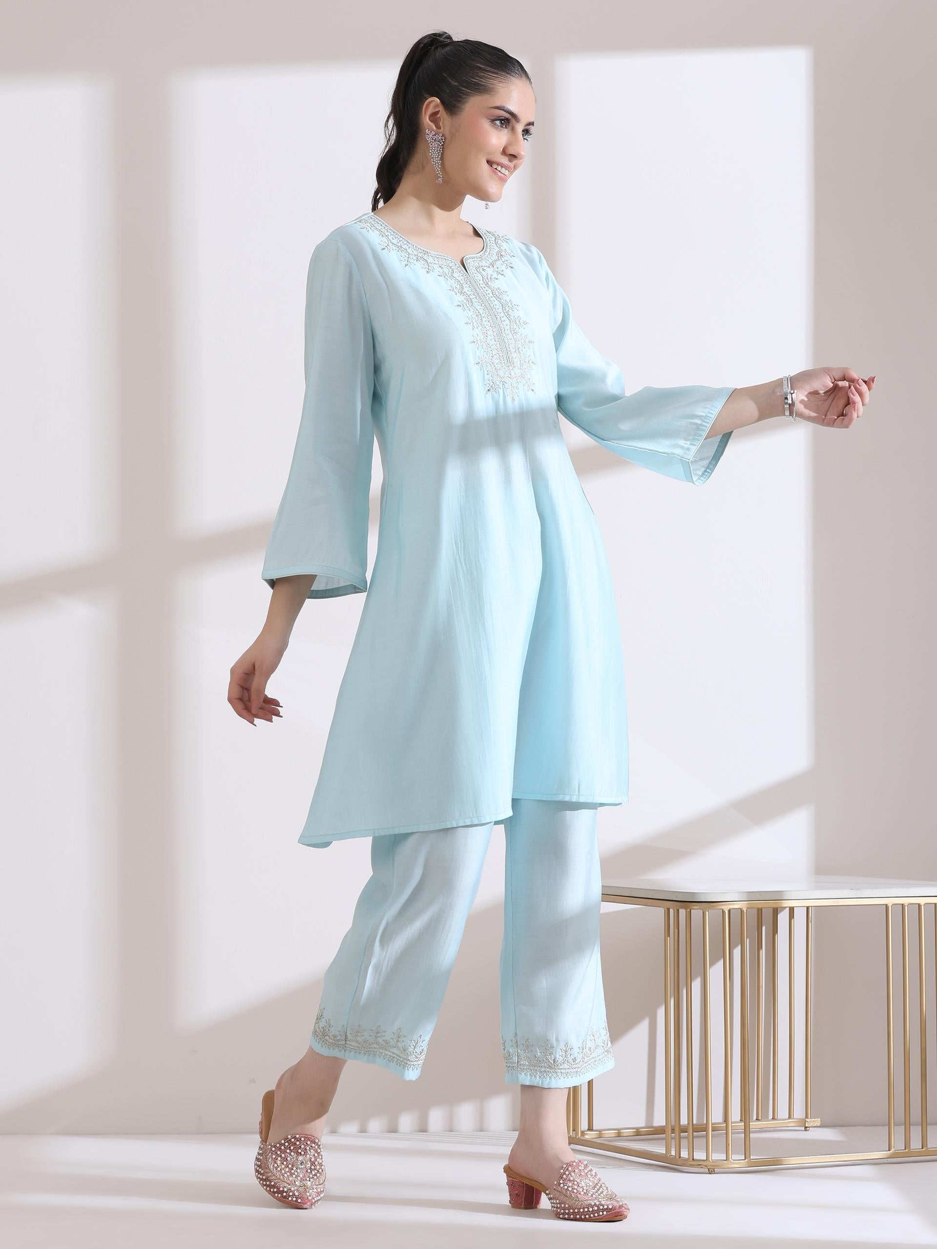 Women's Light Blue Kurta with Embroidery on Top and Pants 2 Piece Set | A-Line, Round Neck, 3/4 Sleeves, Work Wear, Casual (AirSkin Cotton Silk Blend)