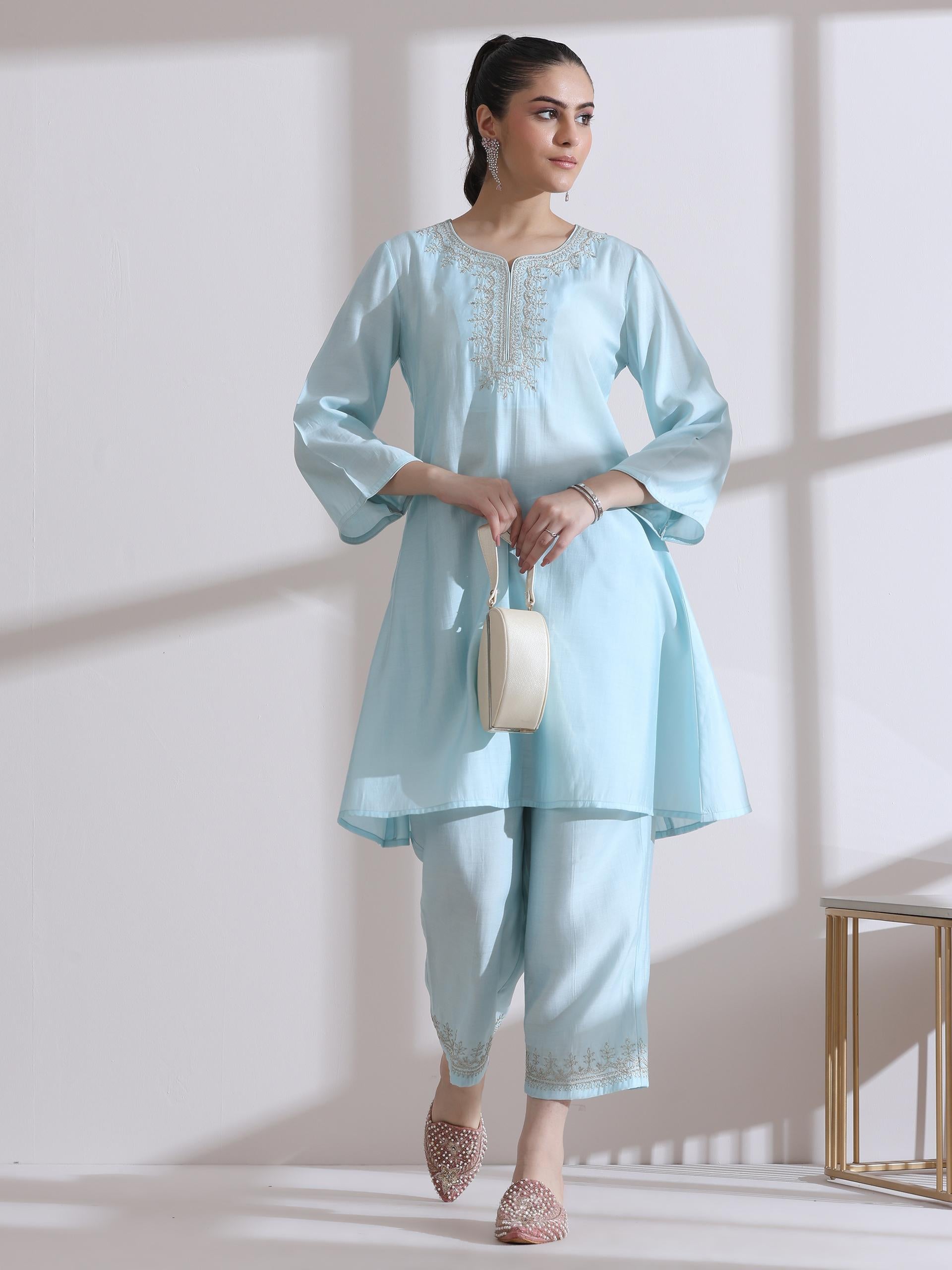 Women's Light Blue Kurta with Embroidery on Top and Pants 2 Piece Set | A-Line, Round Neck, 3/4 Sleeves, Work Wear, Casual (AirSkin Cotton Silk Blend)