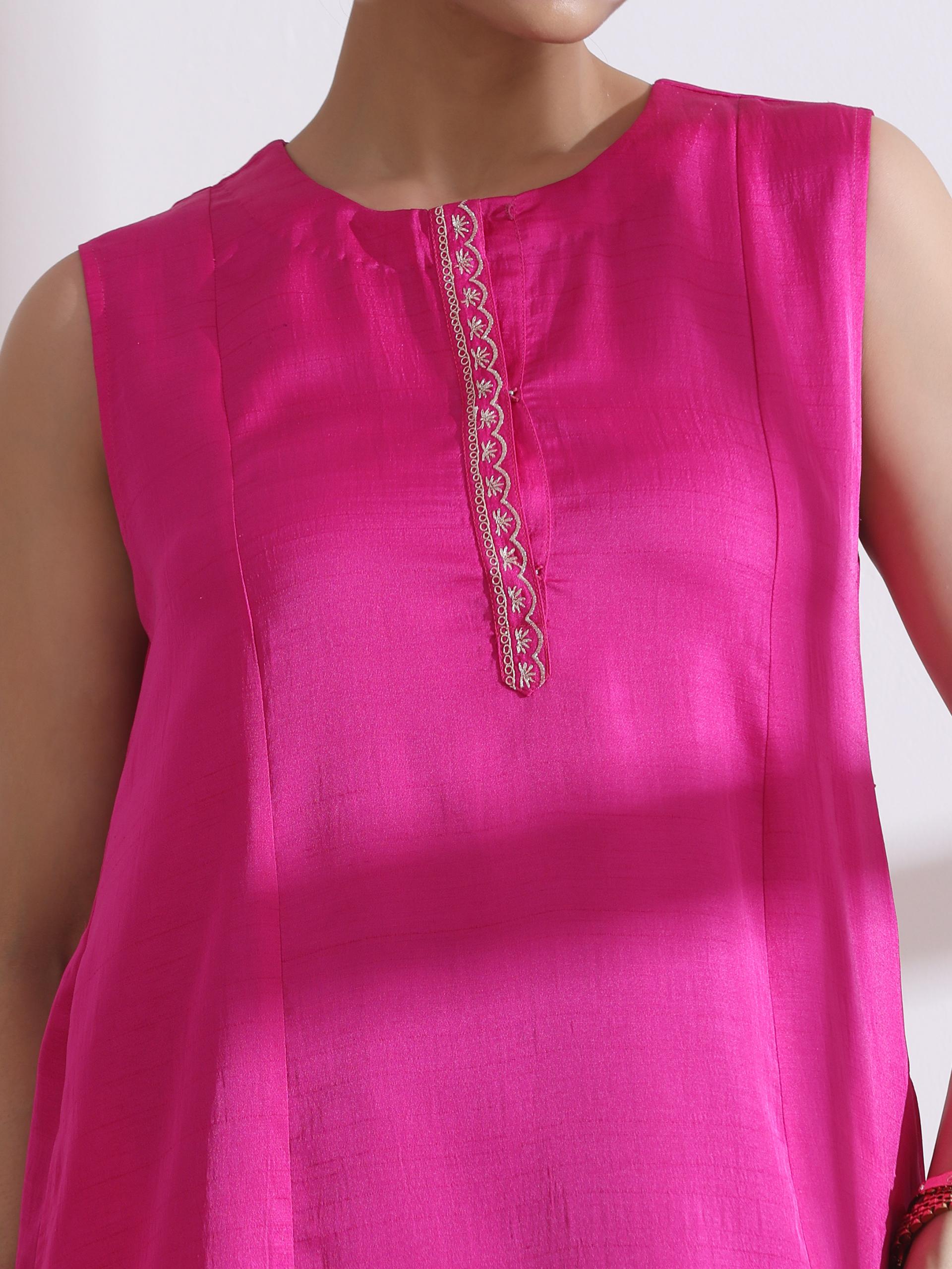 Women's Fuchsia Sleeveless Embroidered Kurta with Airskin Green Pants 2 Piece Set | Straight Fit, Round Neck, Sleeveless, Festive Wear, Work Wear (Lux Fabric)