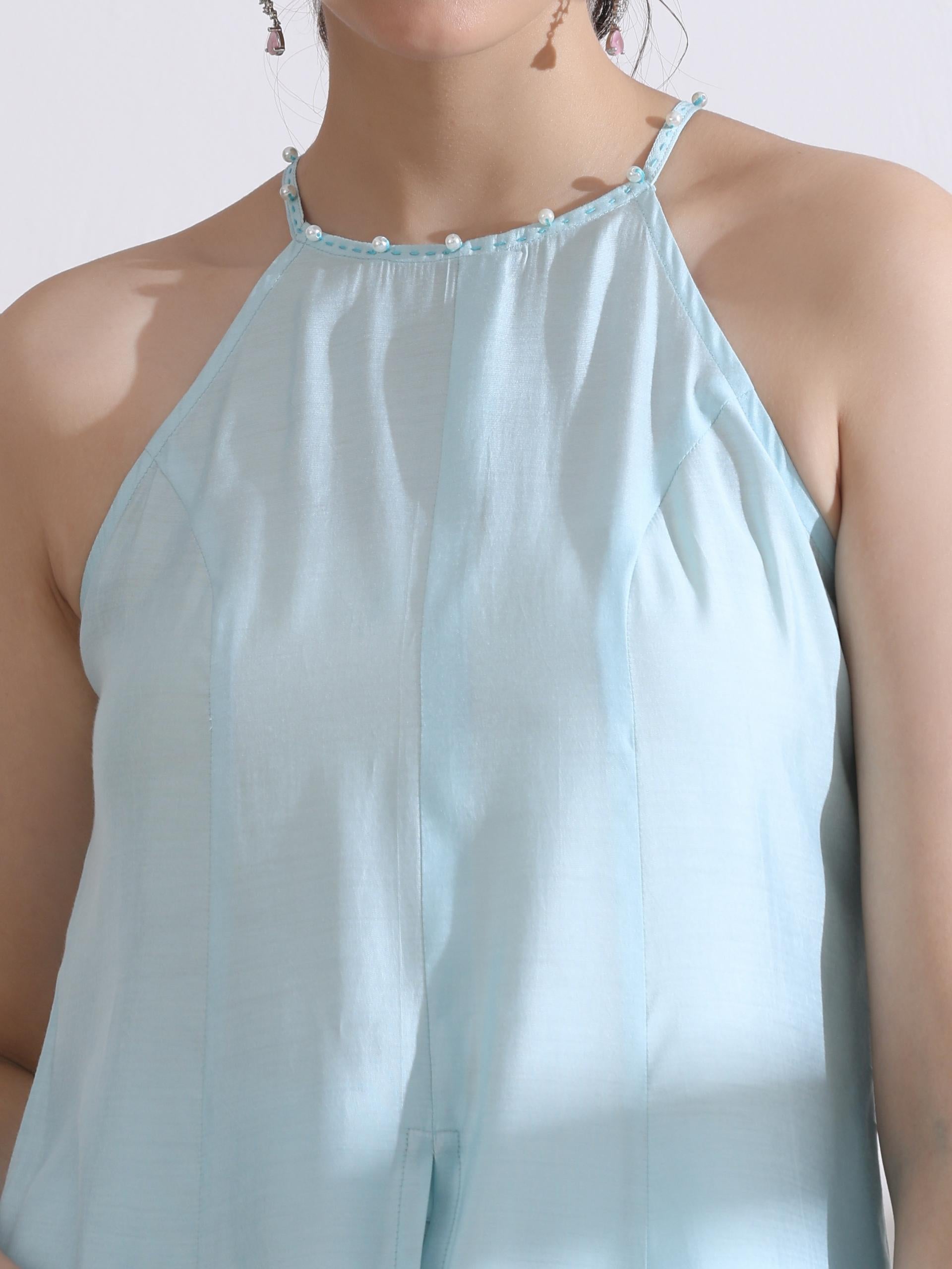 Women's Light Blue Halter Sleeveless Kurta with Pearls and Palazzo 2 Piece Set | Straight Fit, Halter Neck, Sleeveless, Casual Wear, Festive Wear, (AirSkin Cotton Silk Blend)