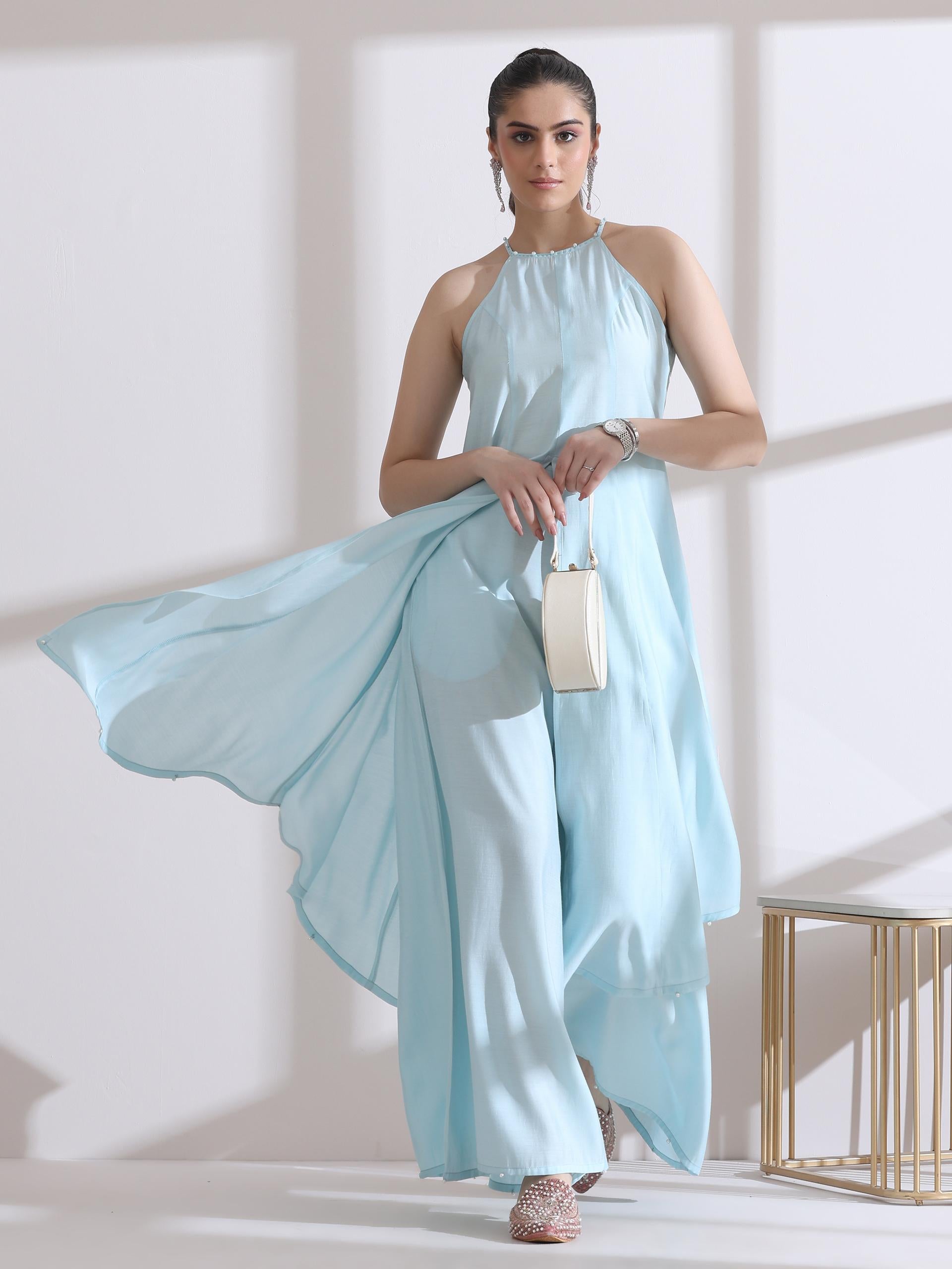 Women's Light Blue Halter Sleeveless Kurta with Pearls and Palazzo 2 Piece Set | Straight Fit, Halter Neck, Sleeveless, Casual Wear, Festive Wear, (AirSkin Cotton Silk Blend)