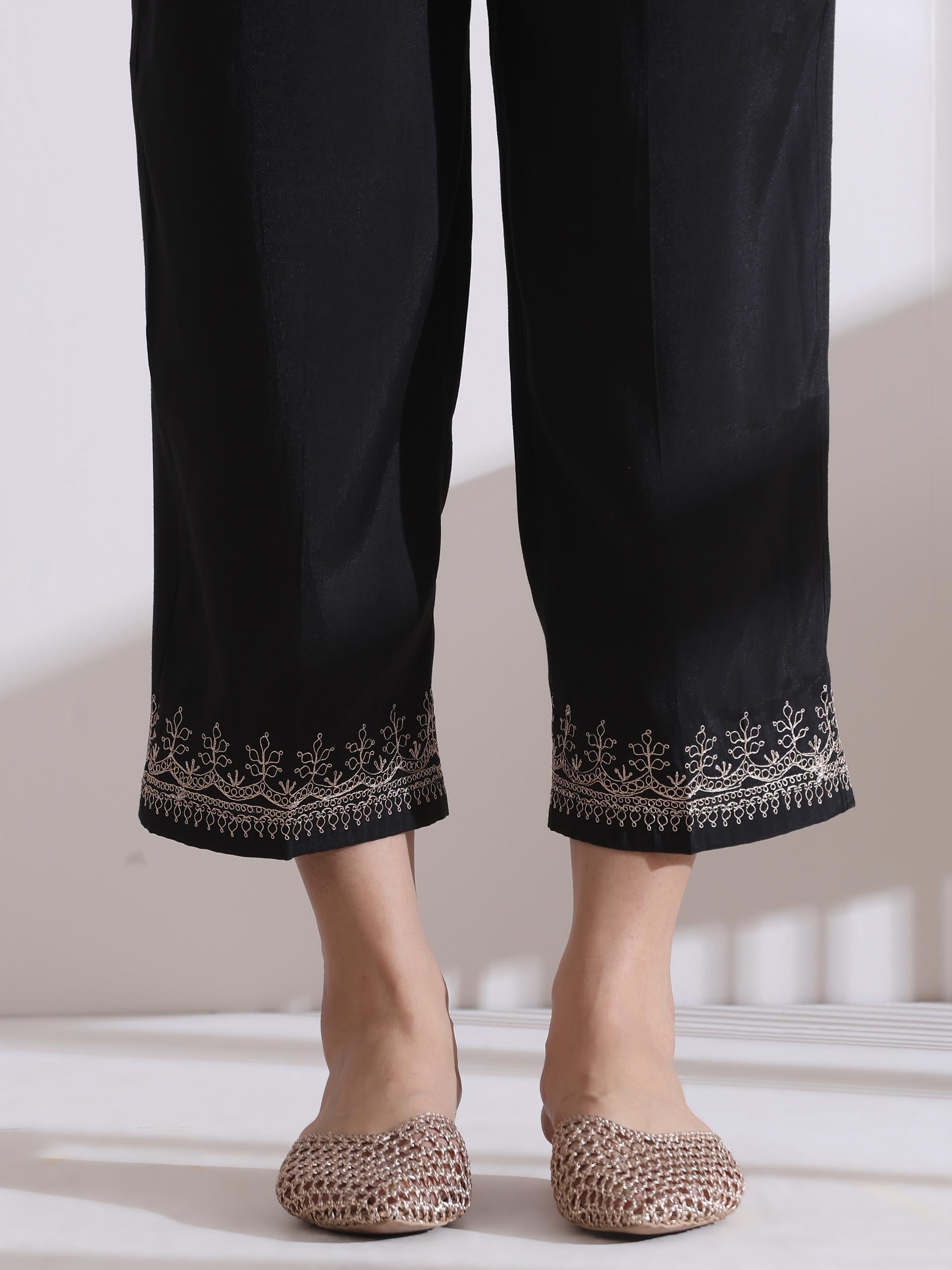 Women's Black Kurta with Embroidery and Pants 2 Piece Set | A-Line, Round Neck, 3/4 Sleeves, Work Wear, (AirSkin Cotton Silk Blend)