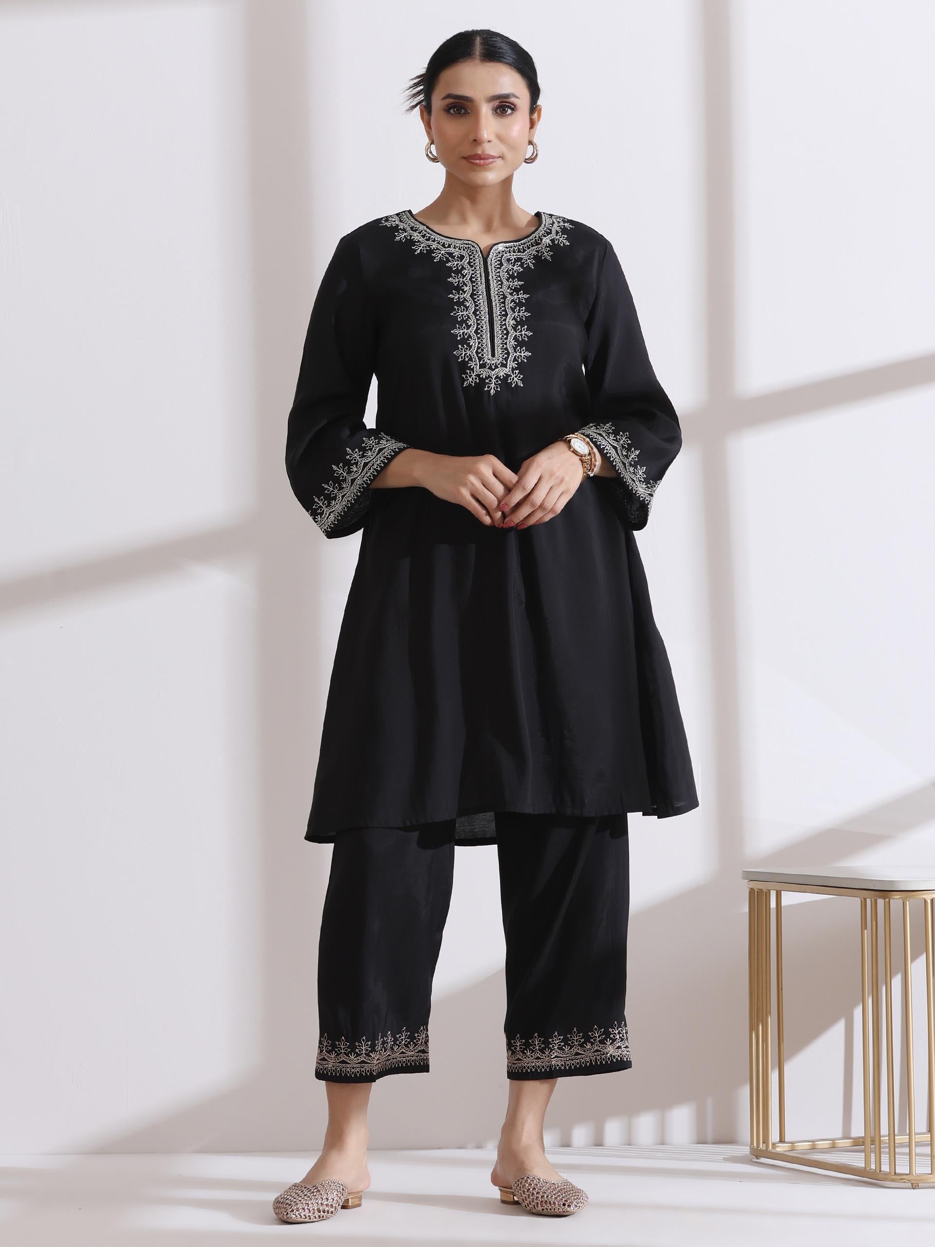 Women's Black Kurta with Embroidery and Pants 2 Piece Set | A-Line, Round Neck, 3/4 Sleeves, Work Wear, (AirSkin Cotton Silk Blend)