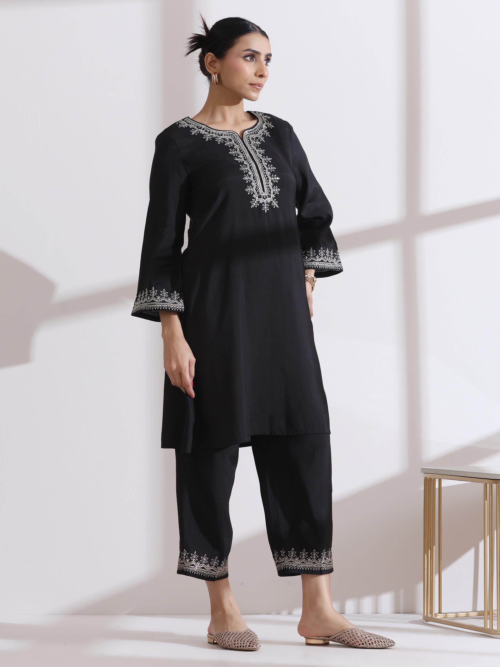 Women's Black Kurta with Embroidery and Pants 2 Piece Set | A-Line, Round Neck, 3/4 Sleeves, Work Wear, (AirSkin Cotton Silk Blend)