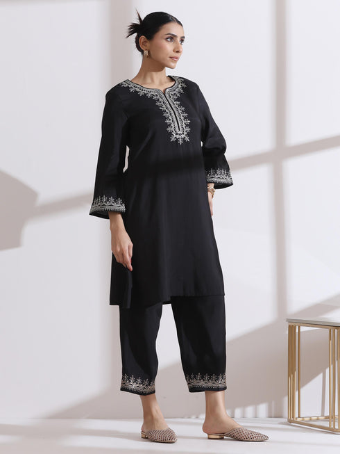 Women's Black Kurta with Embroidery and Pants 2 Piece Set | A-Line, Round Neck, 3/4 Sleeves, Work Wear, (AirSkin Cotton Silk Blend)