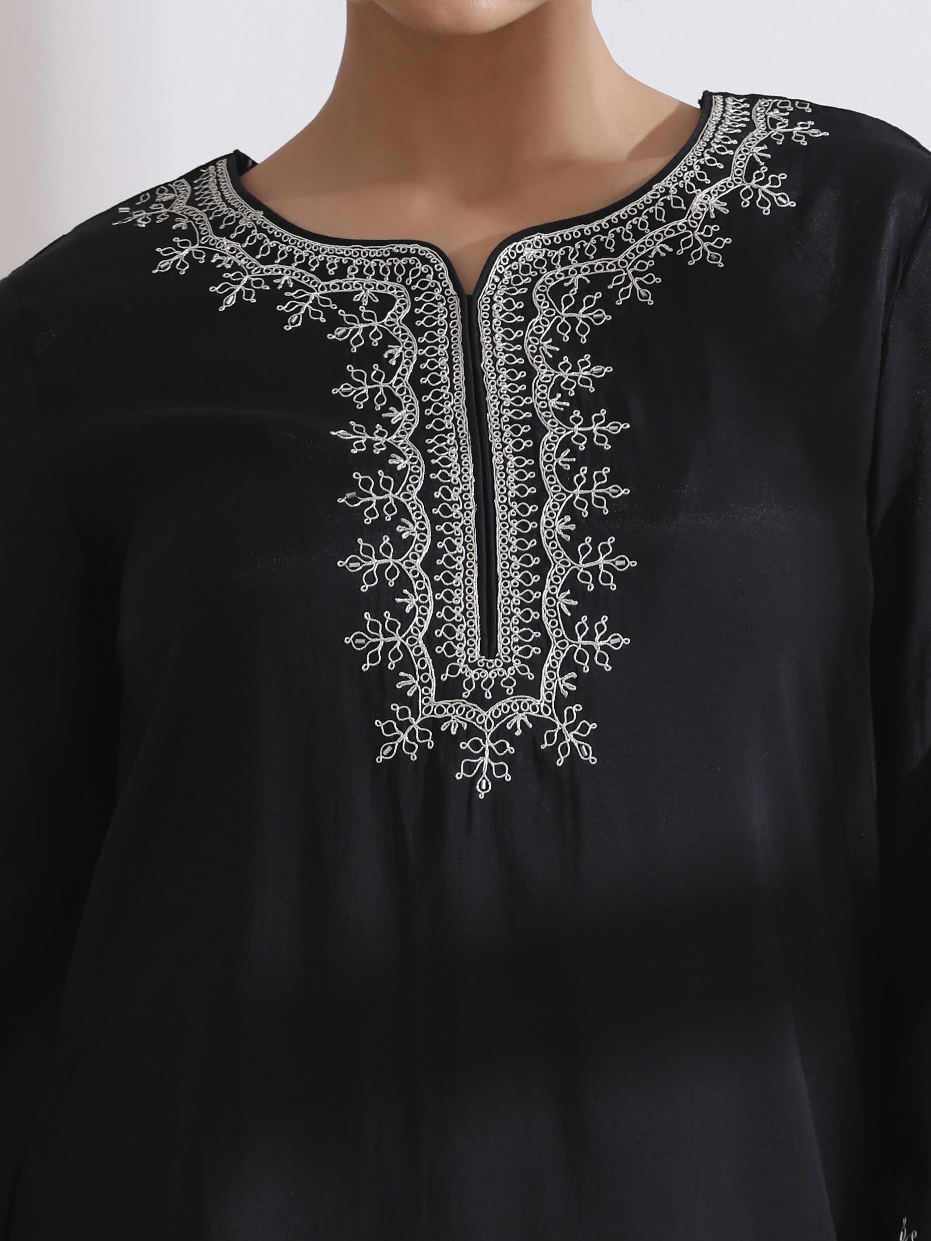 Women's Black Kurta with Embroidery and Pants 2 Piece Set | A-Line, Round Neck, 3/4 Sleeves, Work Wear, (AirSkin Cotton Silk Blend)