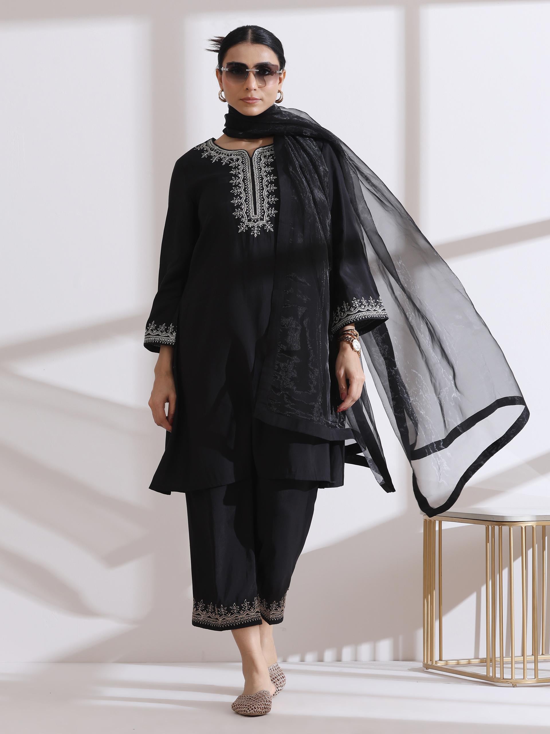 Women's Black Kurta with Embroidery and Pants 2 Piece Set | A-Line, Round Neck, 3/4 Sleeves, Work Wear, (AirSkin Cotton Silk Blend)