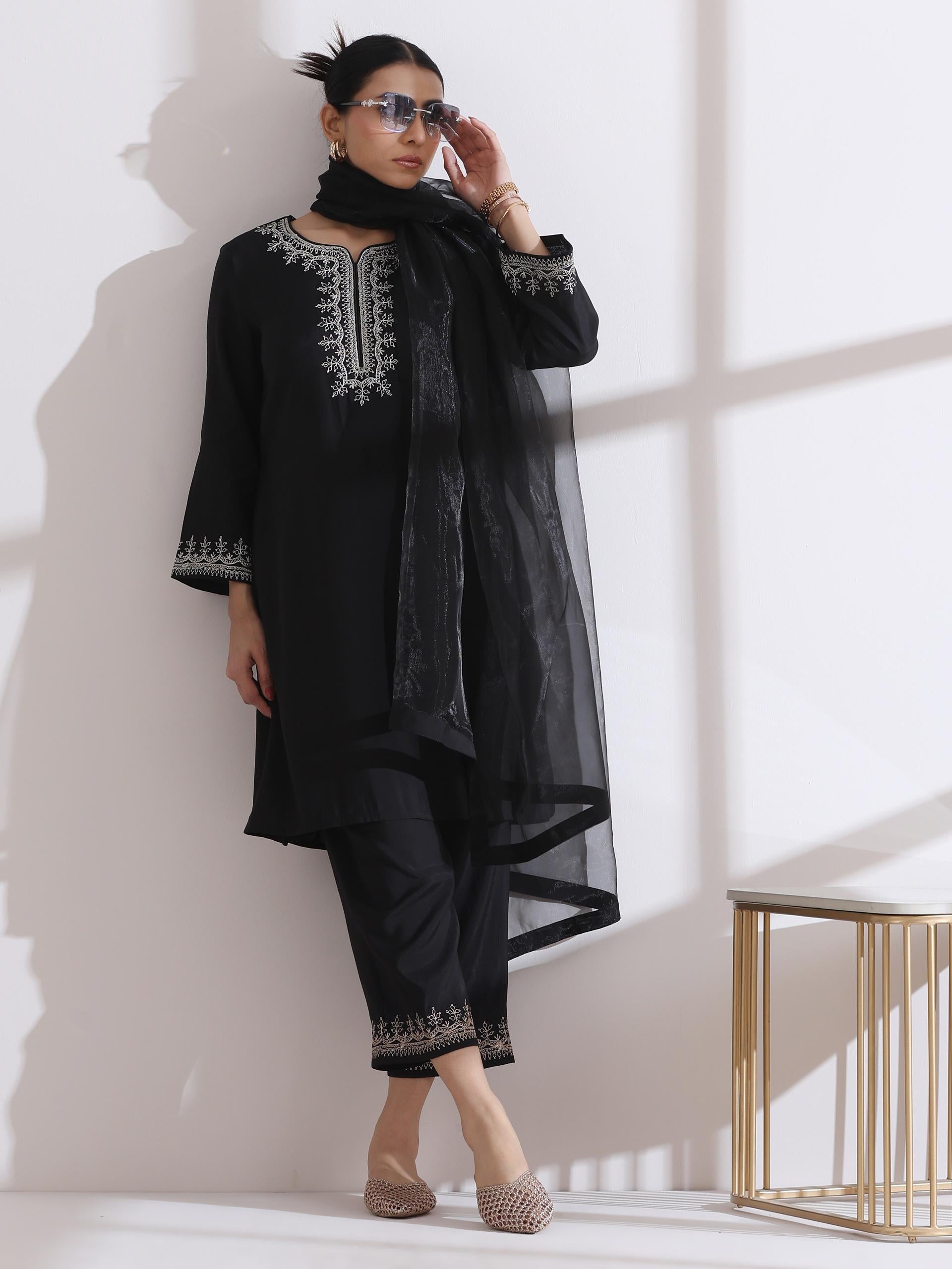 Women's Black Kurta with Embroidery and Pants 2 Piece Set | A-Line, Round Neck, 3/4 Sleeves, Work Wear, (AirSkin Cotton Silk Blend)