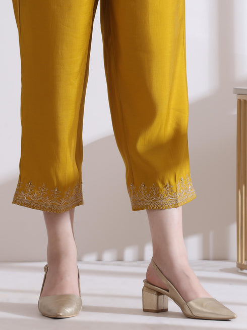 Women's Mustard Kurta with Embroidery on Sleeve and Pants 2 Piece Set | A-Line, Anarkali, V Neck, 3/4 Sleeves, Work Wear, (AirSkin Cotton Silk Blend)
