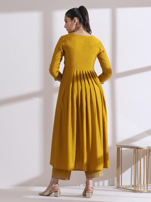 Women's Mustard Kurta with Embroidery on Sleeve and Pants 2 Piece Set | A-Line, Anarkali, V Neck, 3/4 Sleeves, Work Wear, (AirSkin Cotton Silk Blend)