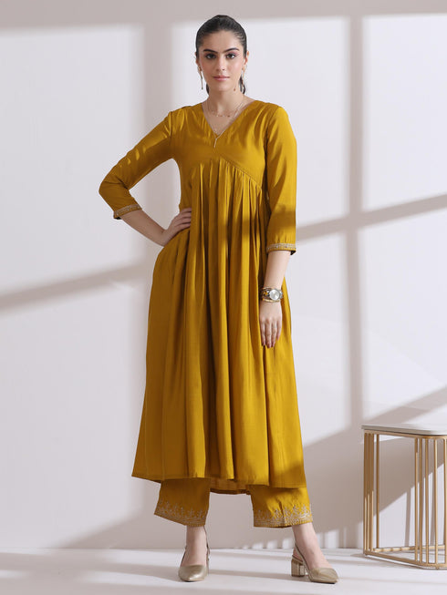 Women's Mustard Kurta with Embroidery on Sleeve and Pants 2 Piece Set | A-Line, Anarkali, V Neck, 3/4 Sleeves, Work Wear, (AirSkin Cotton Silk Blend)