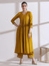 Women's Mustard Kurta with Embroidery on Sleeve and Pants 2 Piece Set | A-Line, Anarkali, V Neck, 3/4 Sleeves, Work Wear, (AirSkin Cotton Silk Blend)