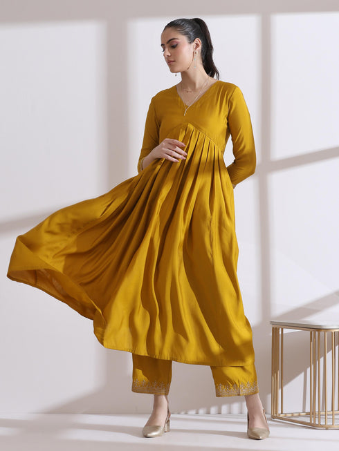 Women's Mustard Kurta with Embroidery on Sleeve and Pants 2 Piece Set | A-Line, Anarkali, V Neck, 3/4 Sleeves, Work Wear, (AirSkin Cotton Silk Blend)