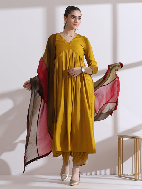 Women's Mustard Kurta with Embroidery on Sleeve and Pants 2 Piece Set | A-Line, Anarkali, V Neck, 3/4 Sleeves, Work Wear, (AirSkin Cotton Silk Blend)