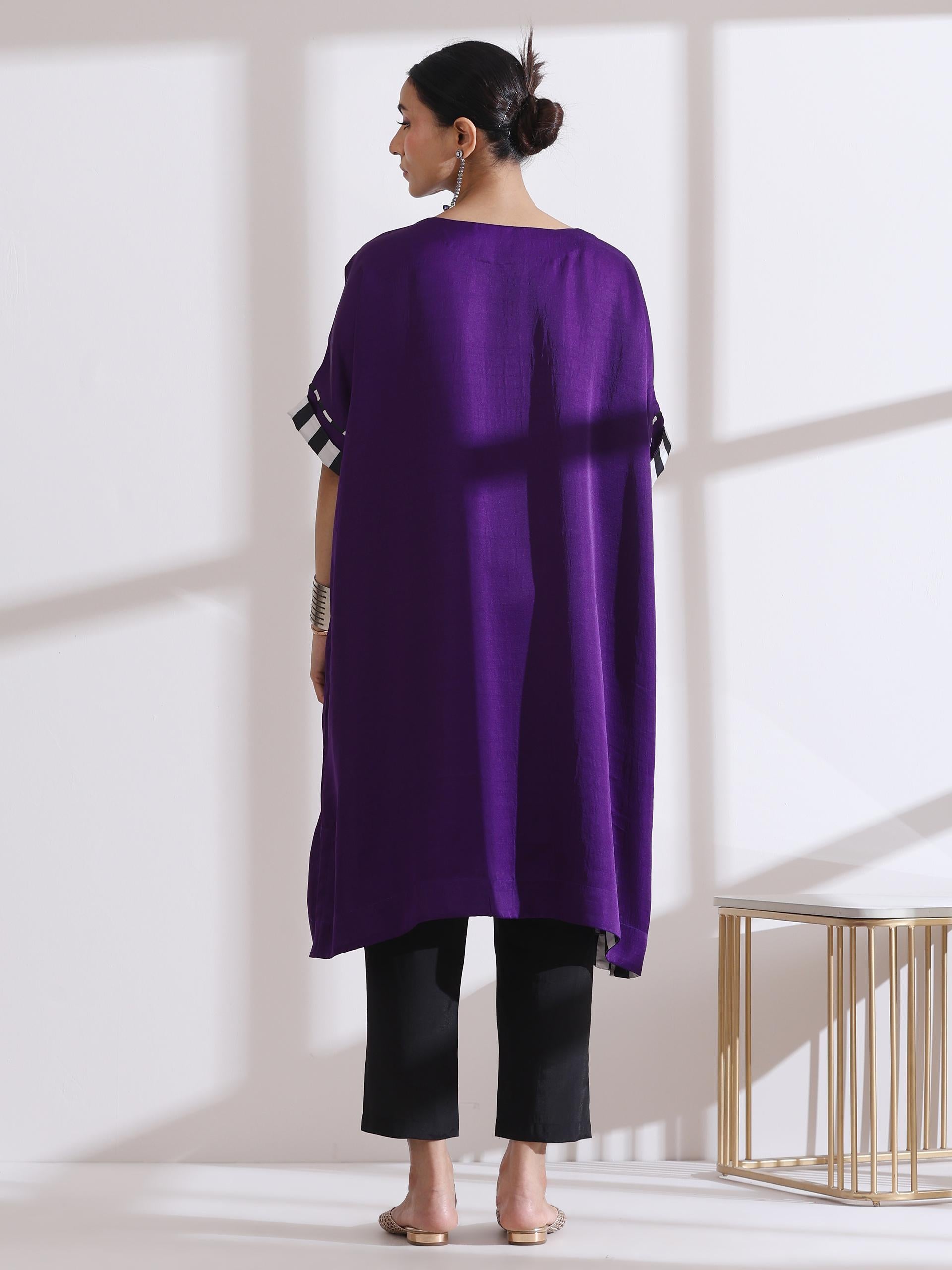 Women's Purple Kurta with Chevron Inner Details and Pants 2 Piece Set | Straight Fit, Round Neck, 3/4 Sleeves, Pants, Workwear, (Lux Fabric)