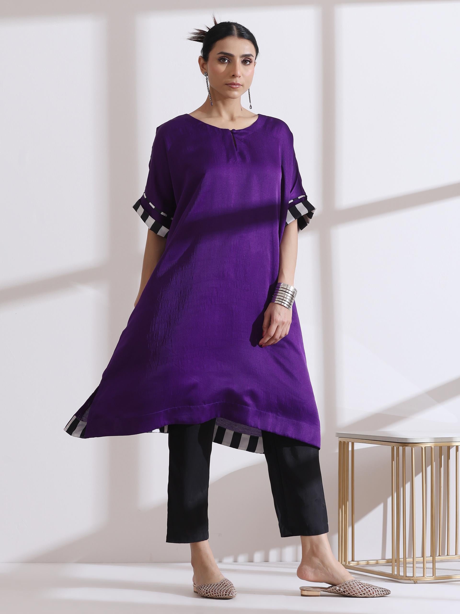 Women's Purple Kurta with Chevron Inner Details and Pants 2 Piece Set | Straight Fit, Round Neck, 3/4 Sleeves, Pants, Workwear, (Lux Fabric)