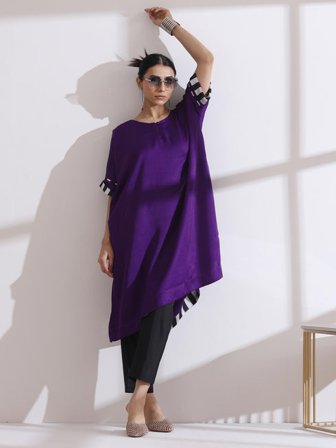 Women's Purple Easy Kurta with Chevron Inner Details 1 Piece | Straight Fit, Round Neck, 3/4 Sleeves, Workwear, (Lux Fabric)