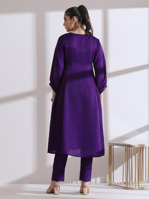 Women's Purple Beaded Kurta with Pants 2 Piece Set | Straight Fit, V Neck, 3/4 Sleeves, Pants, Work Wear, Casual wear, (Lux Fabric)