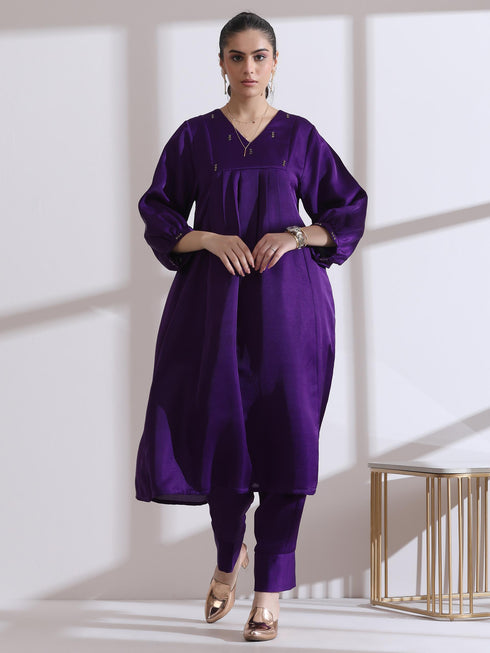 Women's Purple Beaded Kurta with Pants 2 Piece Set | Straight Fit, V Neck, 3/4 Sleeves, Pants, Work Wear, Casual wear, (Lux Fabric)