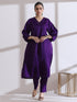 Women's Purple Beaded Kurta with Pants 2 Piece Set | Straight Fit, V Neck, 3/4 Sleeves, Pants, Work Wear, Casual wear, (Lux Fabric)