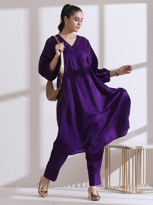 Women's Purple Beaded Kurta with Pants 2 Piece Set | Straight Fit, V Neck, 3/4 Sleeves, Pants, Work Wear, Casual wear, (Lux Fabric)
