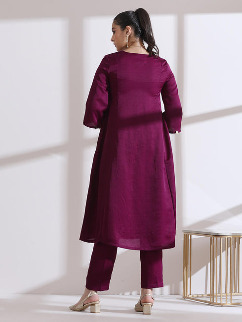 Women's Plum Purple Kurta Set with Coin Detailing and Pants 2 Piece Set | A-Line, V Neck, 3/4 Sleeves, Pants, Work Wear, (Lux Fabric)