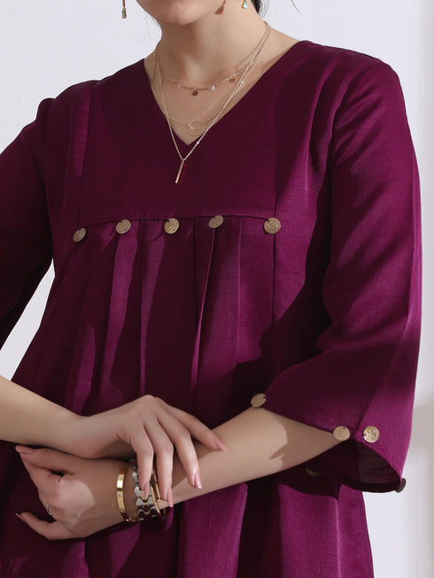 Women's Plum Purple Kurta Set with Coin Detailing and Pants 2 Piece Set | A-Line, V Neck, 3/4 Sleeves, Pants, Work Wear, (Lux Fabric)