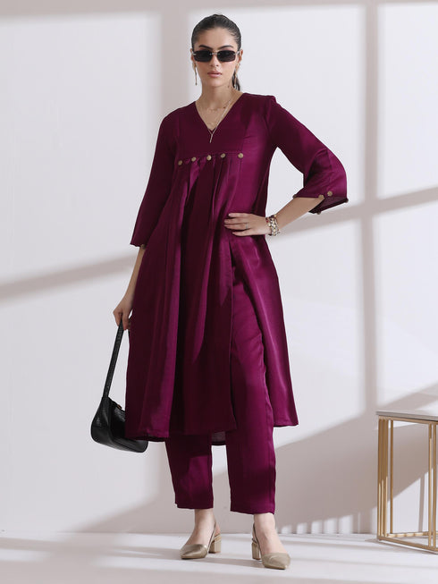 Women's Plum Purple Kurta Set with Coin Detailing and Pants 2 Piece Set | A-Line, V Neck, 3/4 Sleeves, Pants, Work Wear, (Lux Fabric)