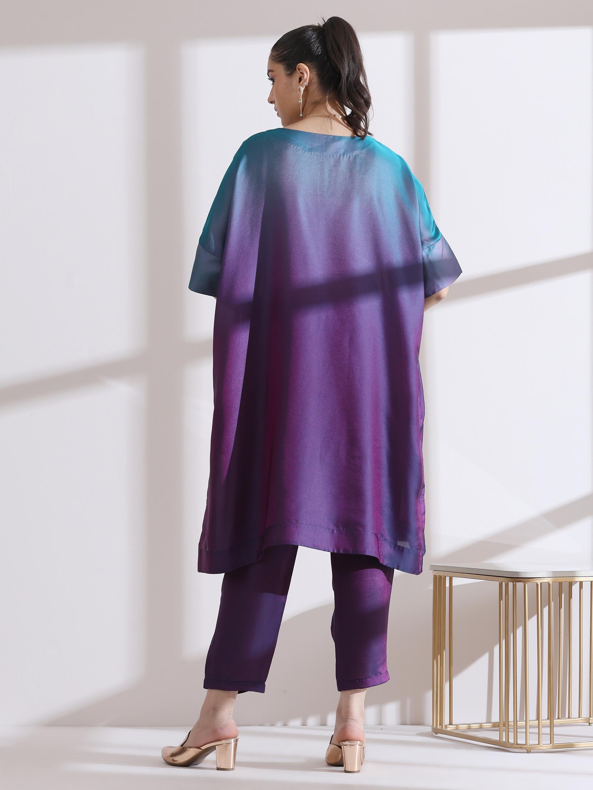 Women's Soft Chiffon Satin Rarity Ombre Kurta with Pants 2 Piece Set | A-Line, Round Neck, 3/4 Sleeves, Workwear, Partywear, (Chiffon Satin)