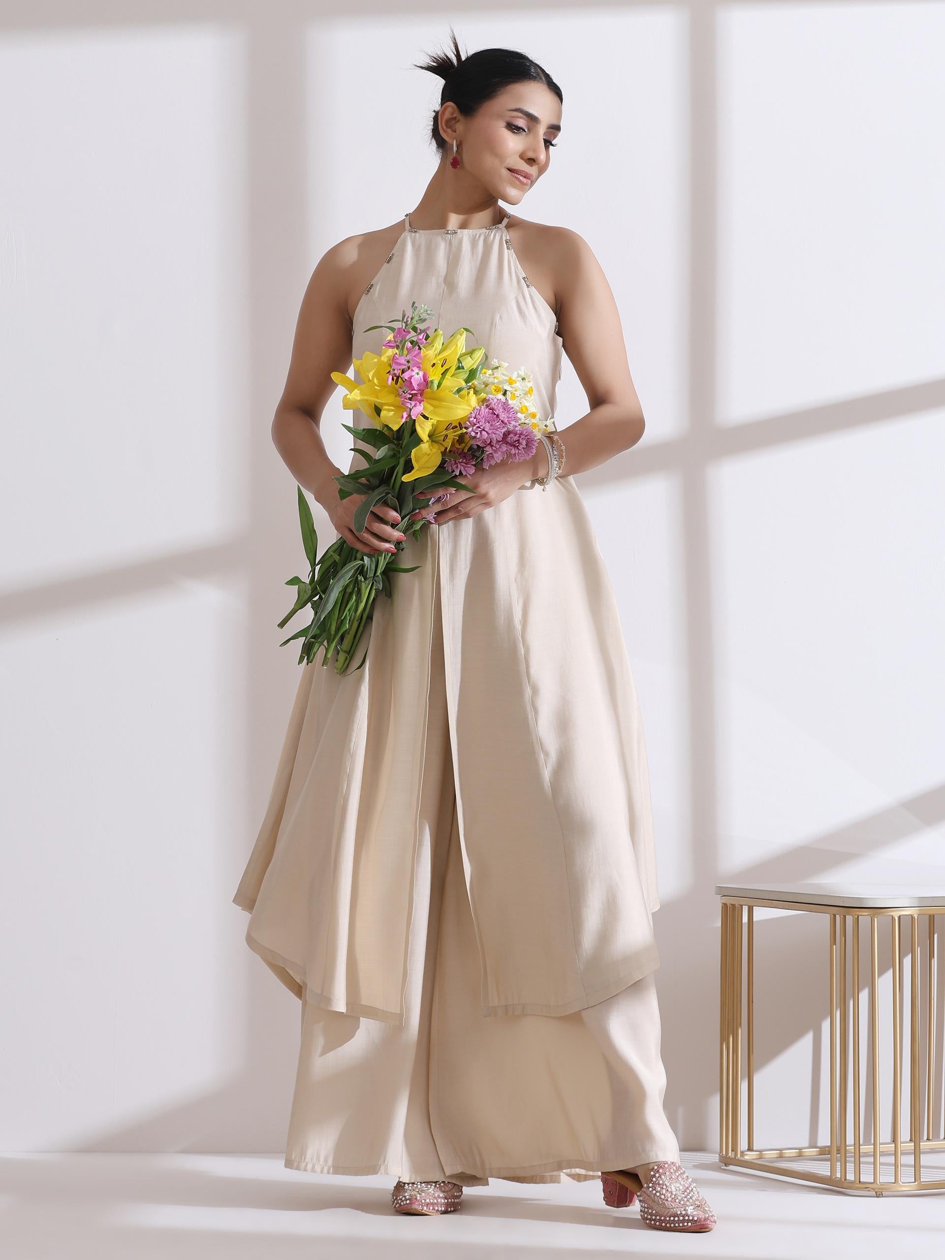 Women's Fawn Beaded Halter Sleeveless Kurta with Palazzo 2 Piece Set | Straight Fit, Halter Neck, Sleeveless, Casual Wear, Festive Wear, (AirSkin Cotton Silk Blend)