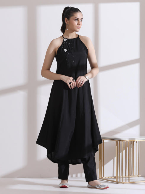Women's Black and Silver Halter Kurta with Palazzo 2 Piece Set | Straight Fit, Halter Neck, Sleeveless, Festive Wear, Casual (AirSkin Cotton Silk Blend)