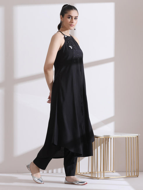 Women's Black and Silver Halter Kurta with Palazzo 2 Piece Set | Straight Fit, Halter Neck, Sleeveless, Festive Wear, Casual (AirSkin Cotton Silk Blend)