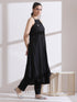 Women's Black and Silver Halter Kurta with Palazzo 2 Piece Set | Straight Fit, Halter Neck, Sleeveless, Festive Wear, Casual (AirSkin Cotton Silk Blend)