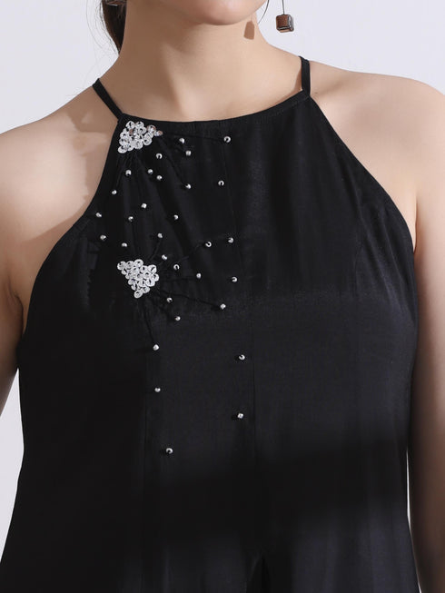 Women's Black and Silver Halter Kurta with Palazzo 2 Piece Set | Straight Fit, Halter Neck, Sleeveless, Festive Wear, Casual (AirSkin Cotton Silk Blend)