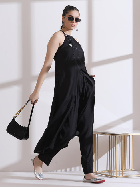 Women's Black and Silver Halter Kurta with Palazzo 2 Piece Set | Straight Fit, Halter Neck, Sleeveless, Festive Wear, Casual (AirSkin Cotton Silk Blend)