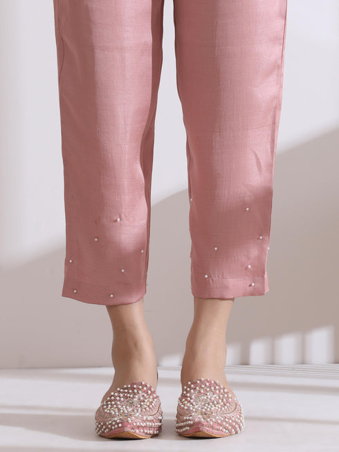 Women's Light Pink Kurta with Flower and Pearls Detailing with Pants 2 Piece Set | A-Line, V Neck, 3/4 Sleeves, Work Wear, Casual (Lux Fabric)