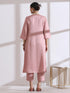 Women's Light Pink Kurta with Flower and Pearls Detailing with Pants 2 Piece Set | A-Line, V Neck, 3/4 Sleeves, Work Wear, Casual (Lux Fabric)