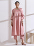 Women's Light Pink Kurta with Flower and Pearls Detailing with Pants 2 Piece Set | A-Line, V Neck, 3/4 Sleeves, Work Wear, Casual (Lux Fabric)