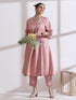 Women's Light Pink Kurta with Flower and Pearls Detailing with Pants 2 Piece Set | A-Line, V Neck, 3/4 Sleeves, Work Wear, Casual (Lux Fabric)