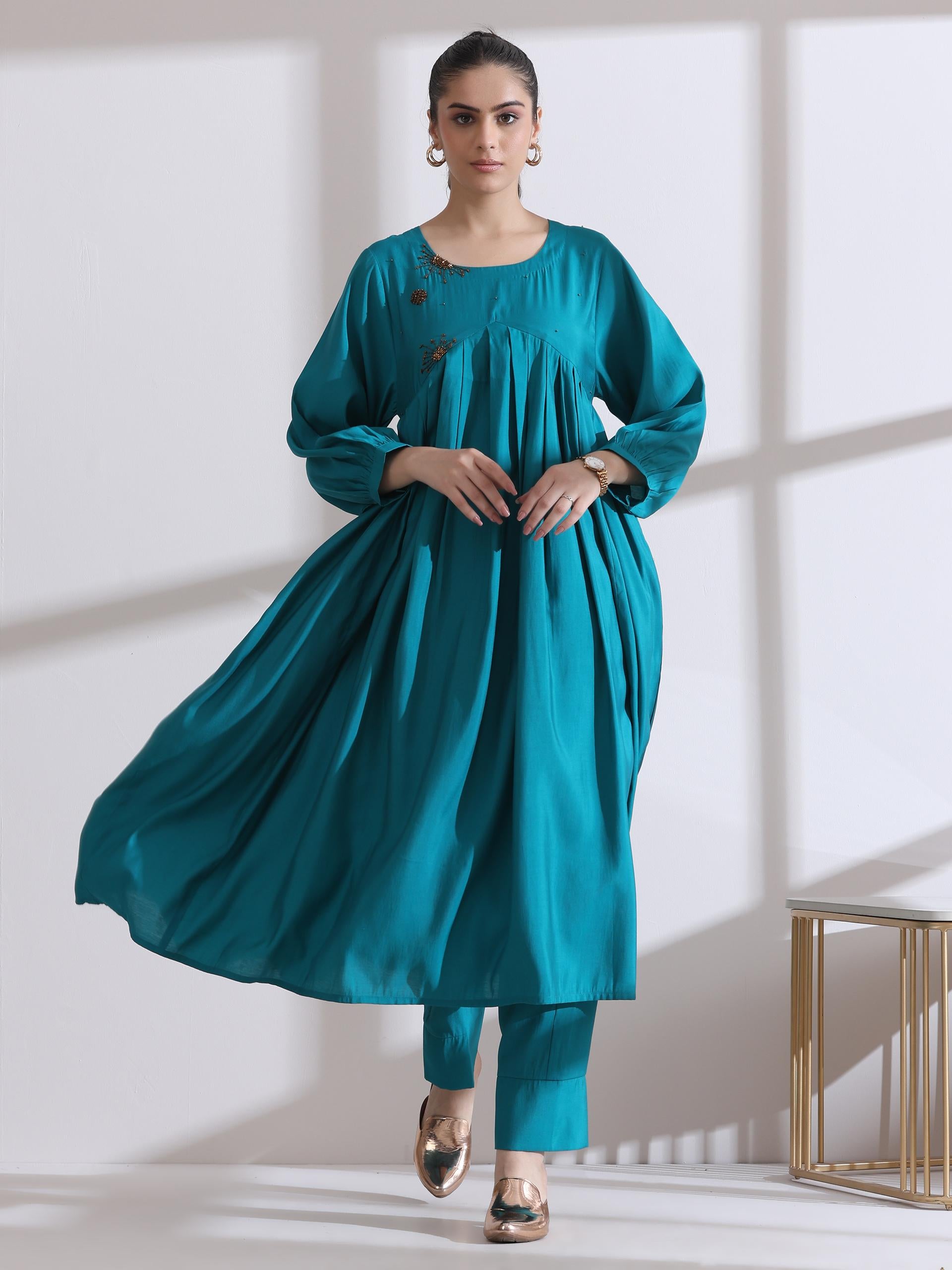 Women's Aqua Blue Anarkali Embroidered Kurta with Pants 2 Piece Set | Anarkali, Round Neck, 3/4 Sleeves, Workwear, Festive Wear, (AirSkin Cotton Silk Blend)