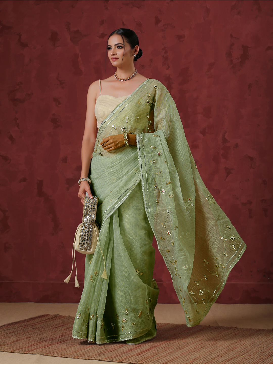 Tea Green Kota Hand Embroidered Gota Patti Saree