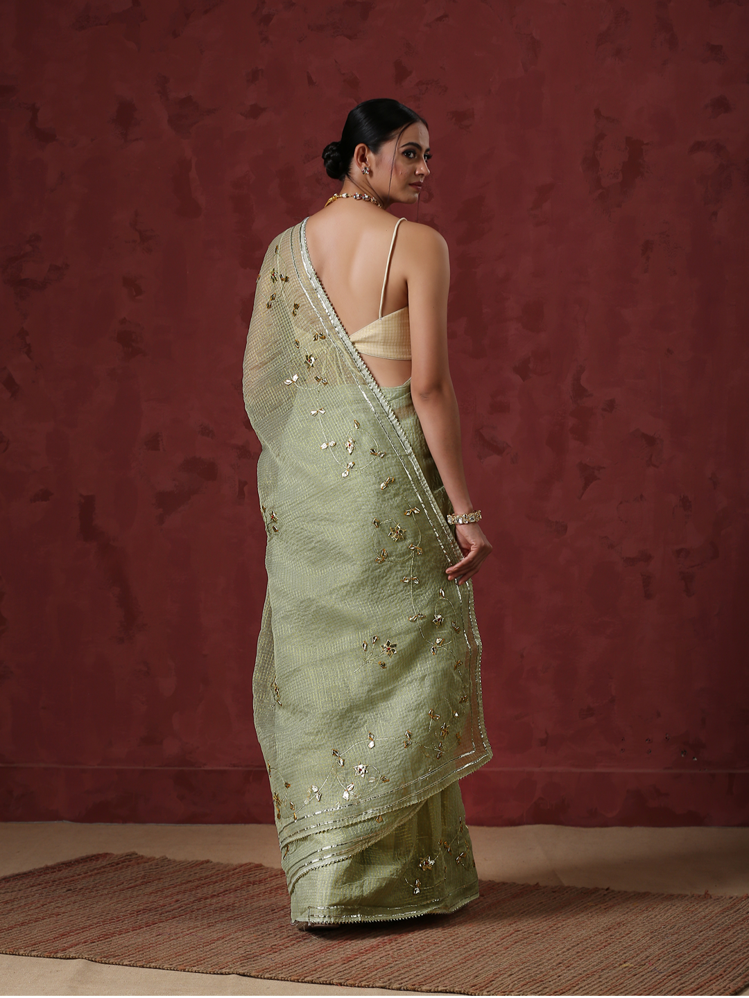 Tea Green Kota Hand Embroidered Gota Patti Saree