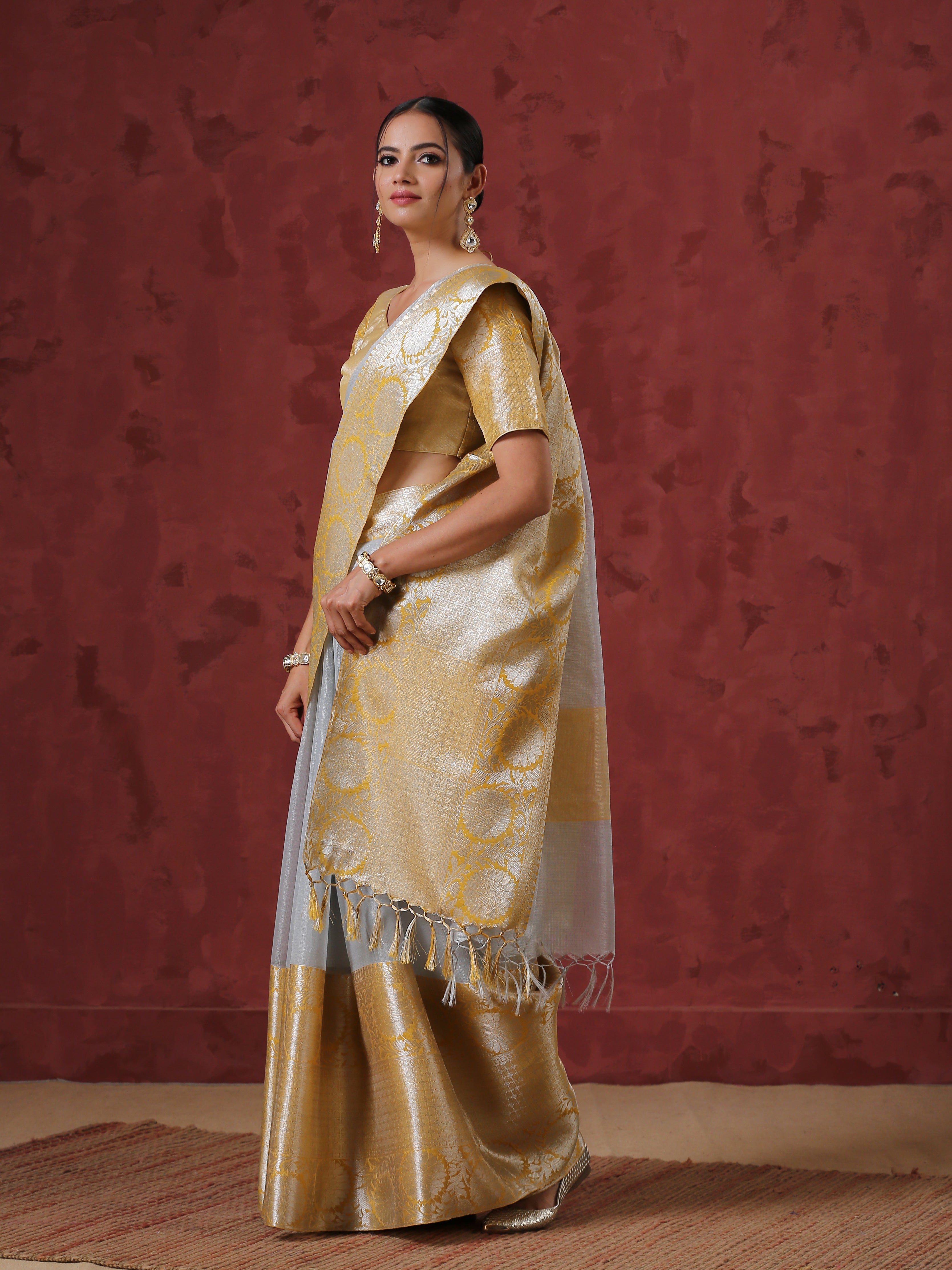 Silver Tissue Yellow Border Silk Blend Saree with Blouse Fabric