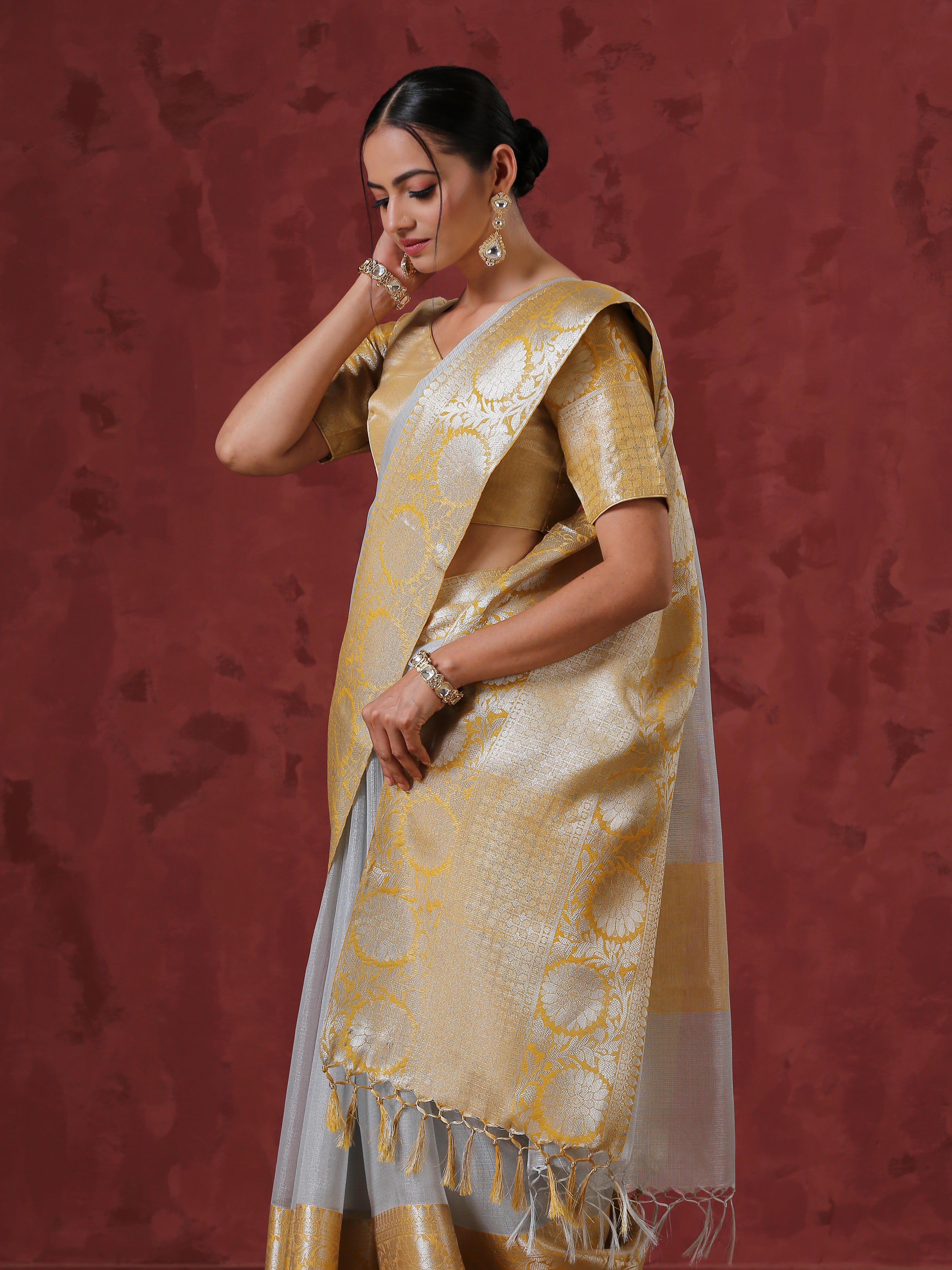 Silver Tissue Yellow Border Silk Blend Saree with Blouse Fabric